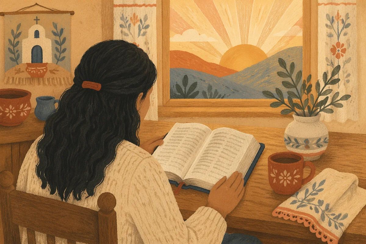 Hispanic Woman Reading Bible in Morning Light