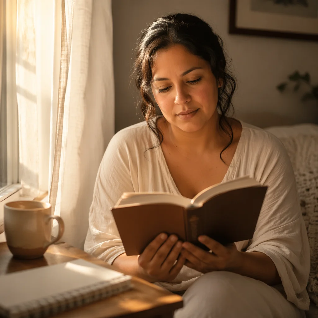 Hispanic Woman Reading Bible in Morning Light