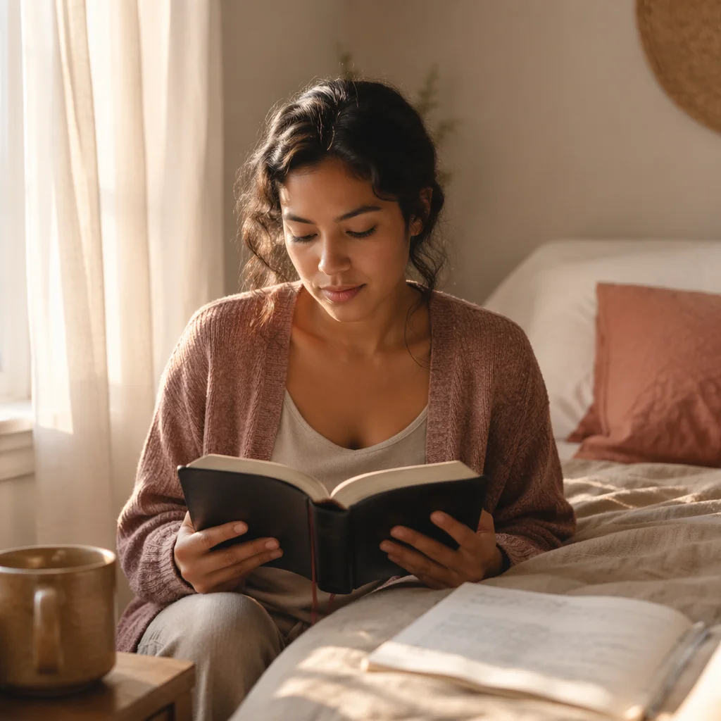 Woman Reading Bible by Sunlit Window