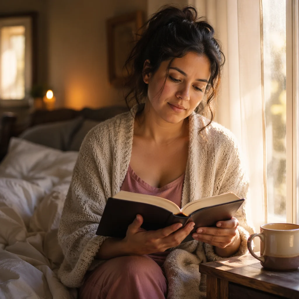 Hispanic Woman Reading by Morning Window