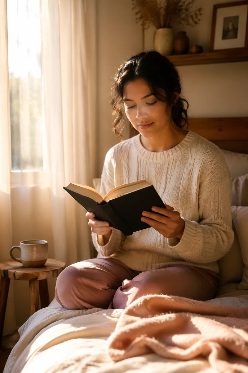 Hispanic Woman Reading by Morning Window