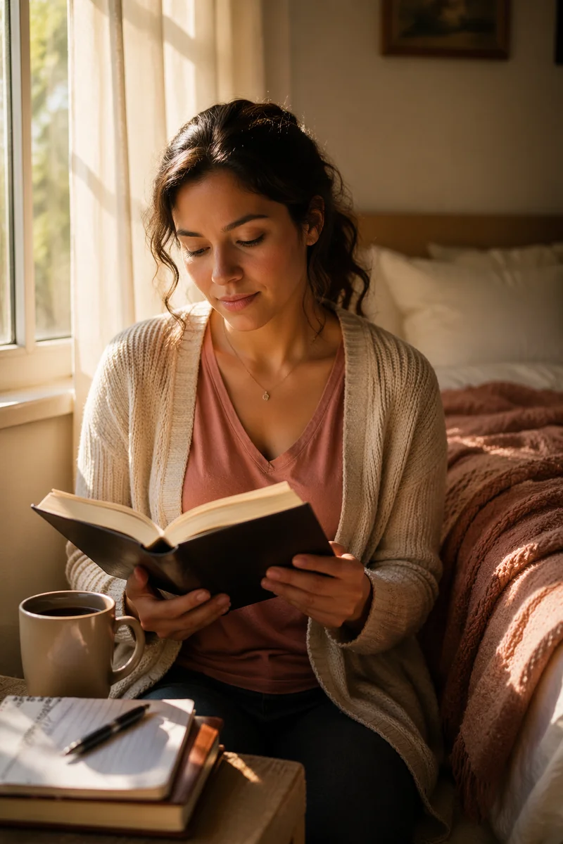 Hispanic Woman Reading by Morning Window