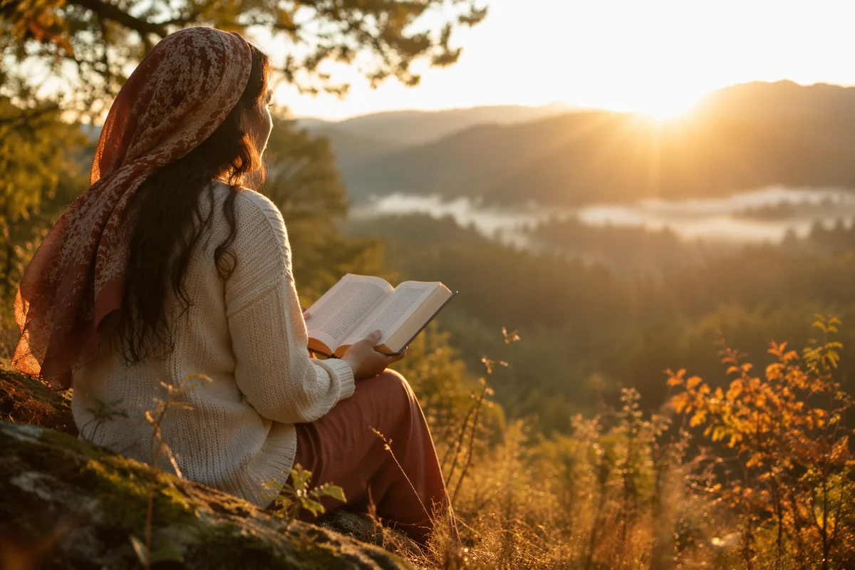 Hispanic Woman Reading Bible at Sunrise