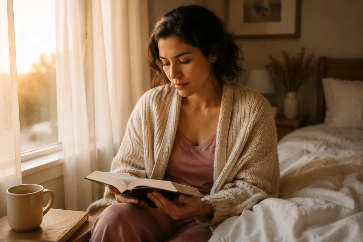Hispanic Woman Reading Bible by Window