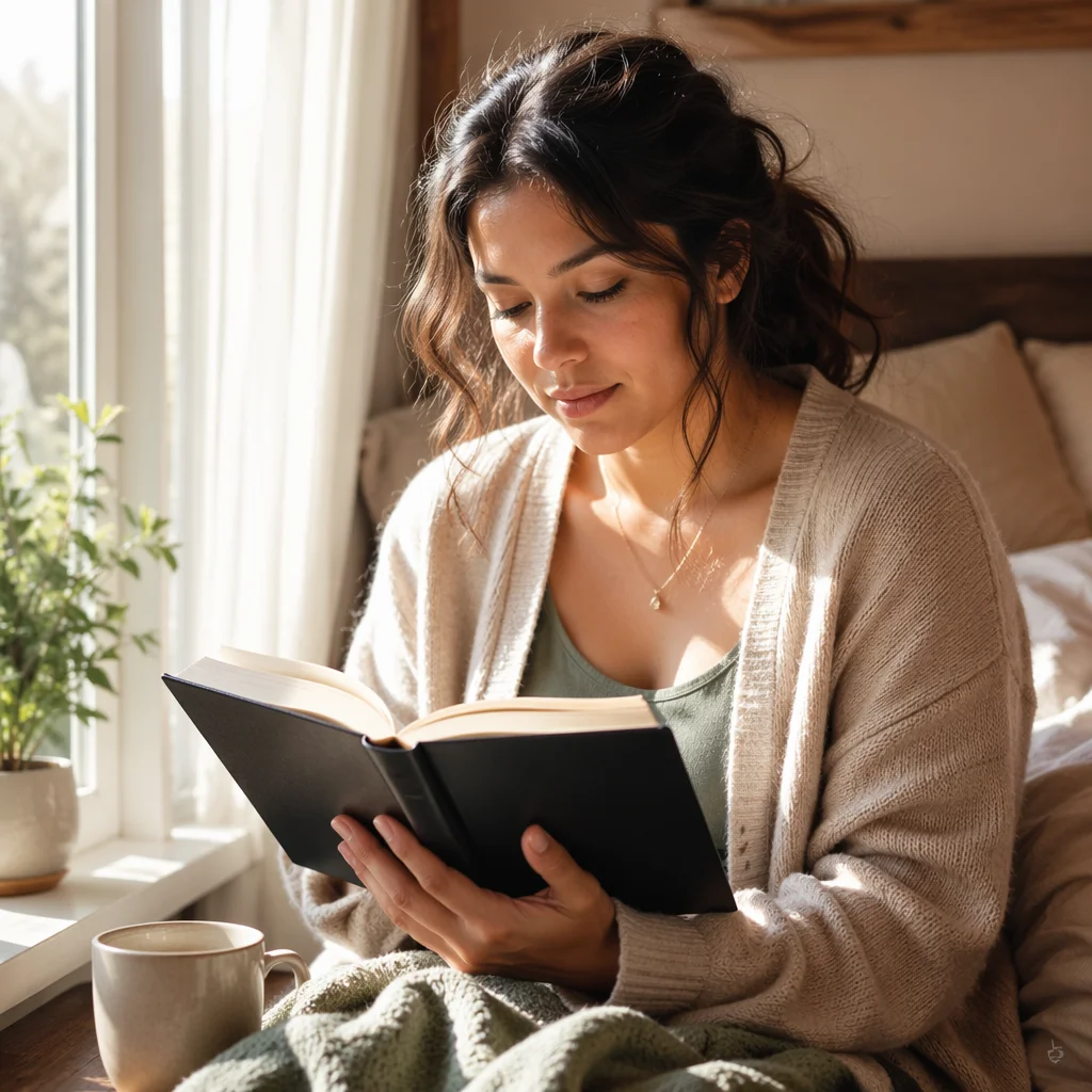 Hispanic Woman Reading Bible by Window