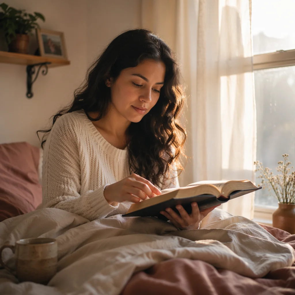 Hispanic Woman Reading by Morning Window