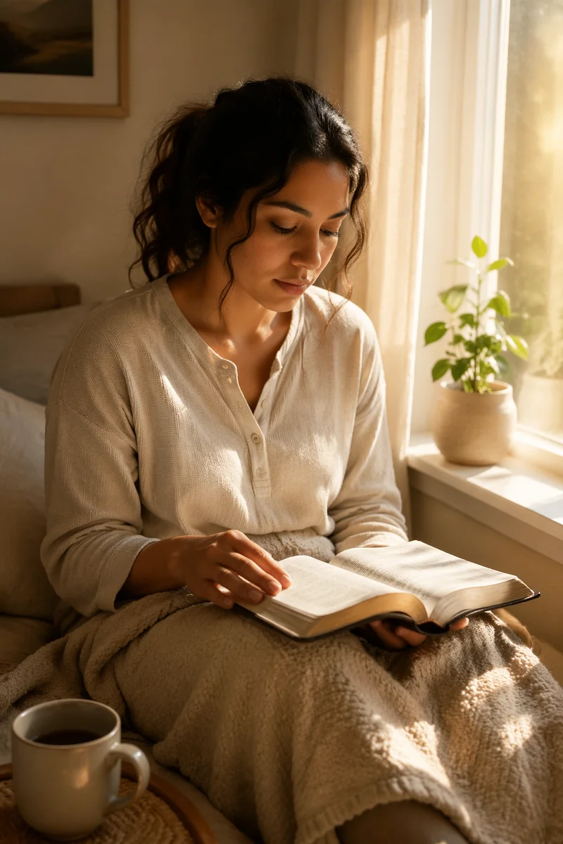 Hispanic Woman Reading by Morning Window