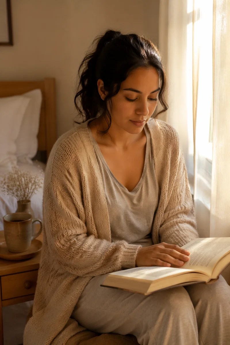 Woman Reading by Sunlit Bedroom Window
