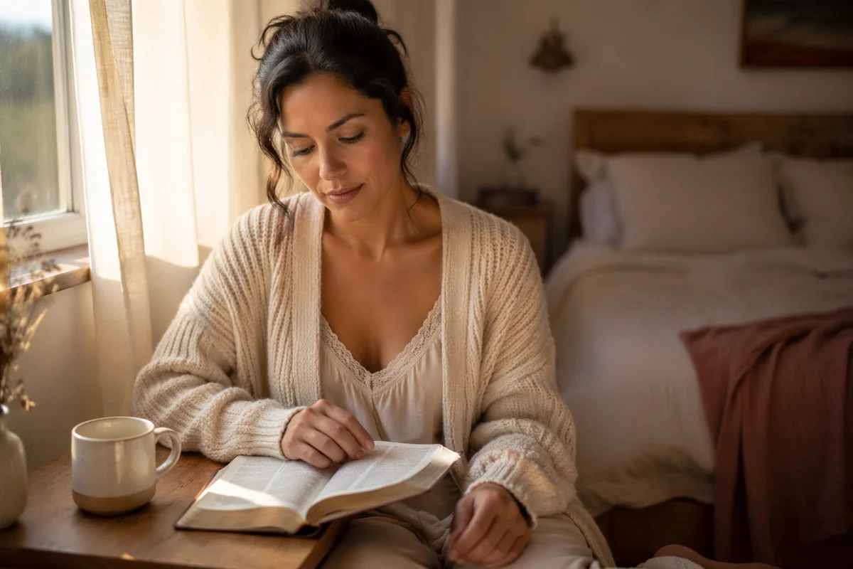 Hispanic Woman Reading by Bedroom Window