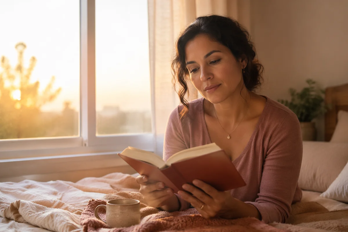 Woman Reading by Sunlit Bedroom Window