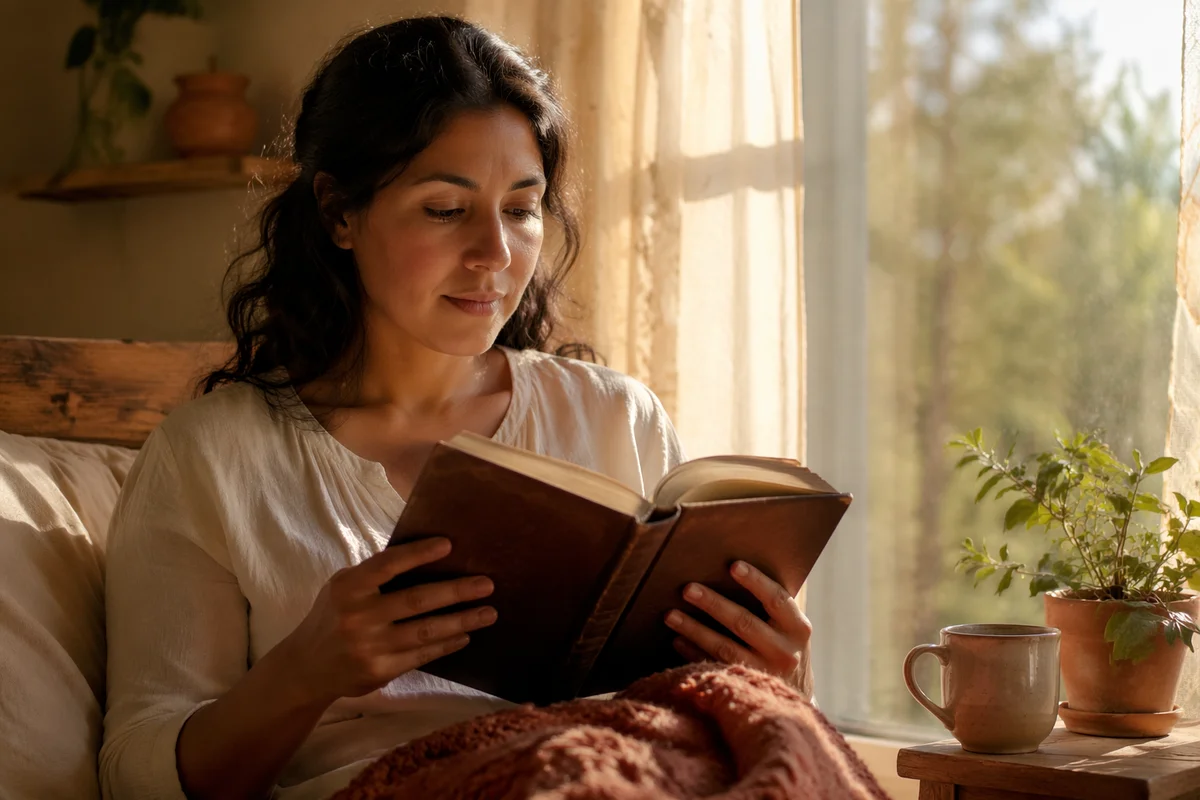 Hispanic Woman Reading Bible by Window