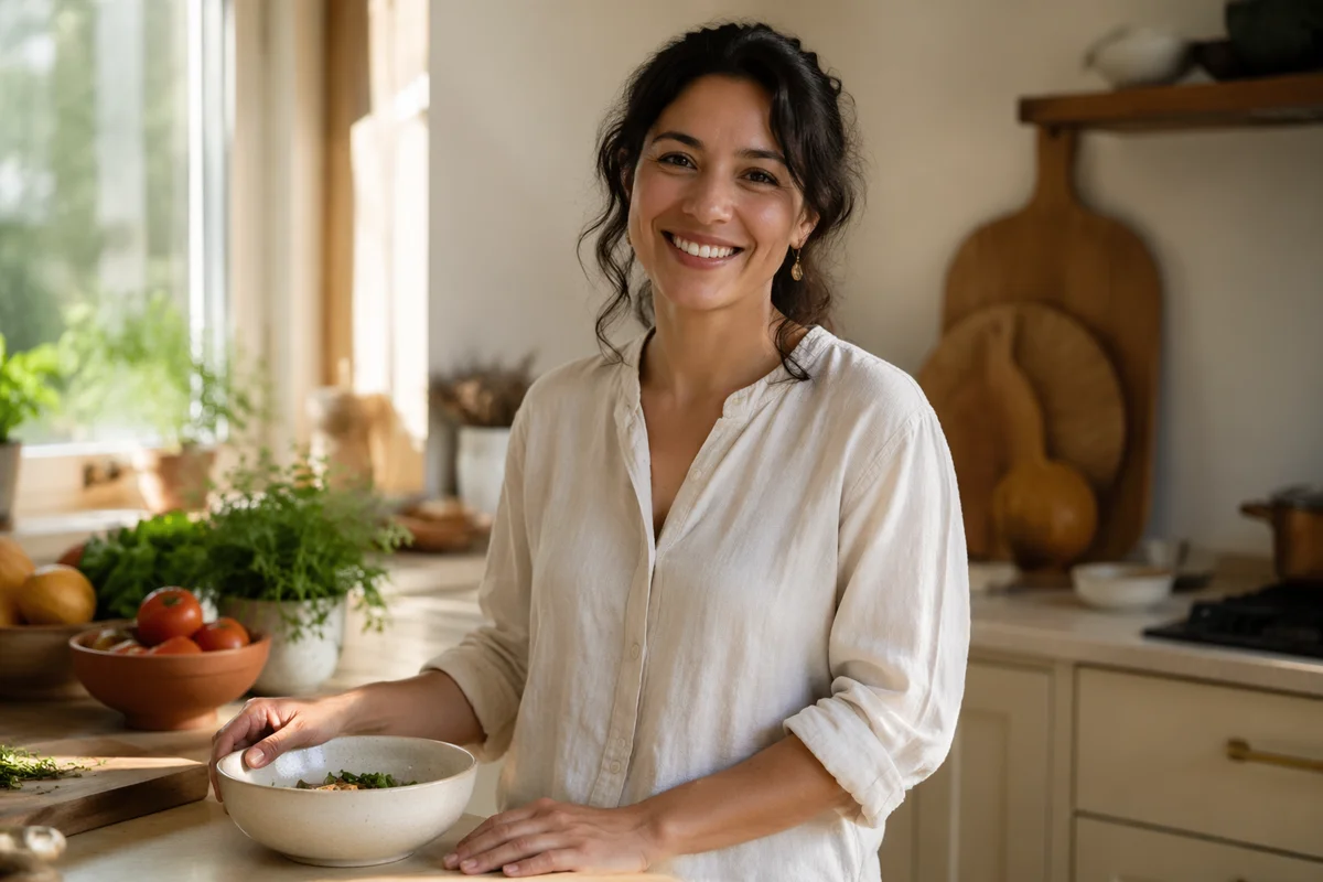 Smiling Hispanic Woman in Sunlit Kitchen