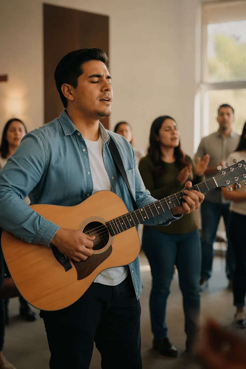 Young Man Singing with Acoustic Guitar