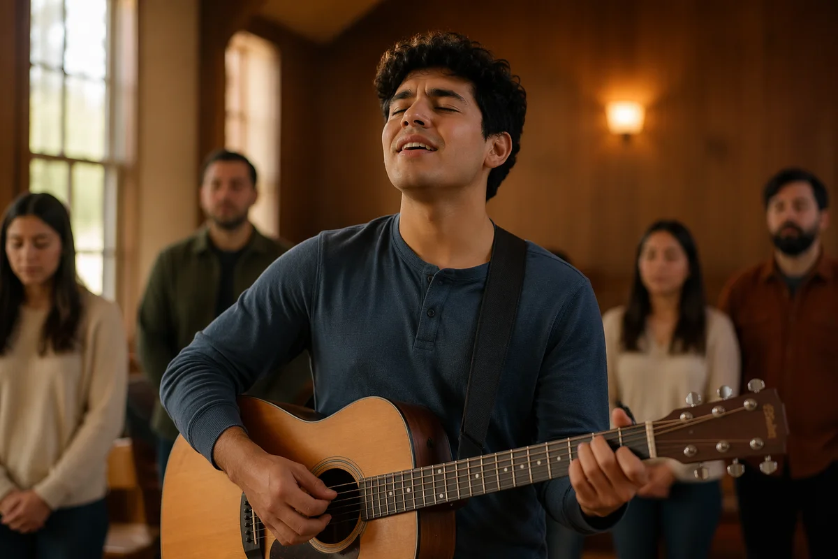 Young Man Singing With Acoustic Guitar
