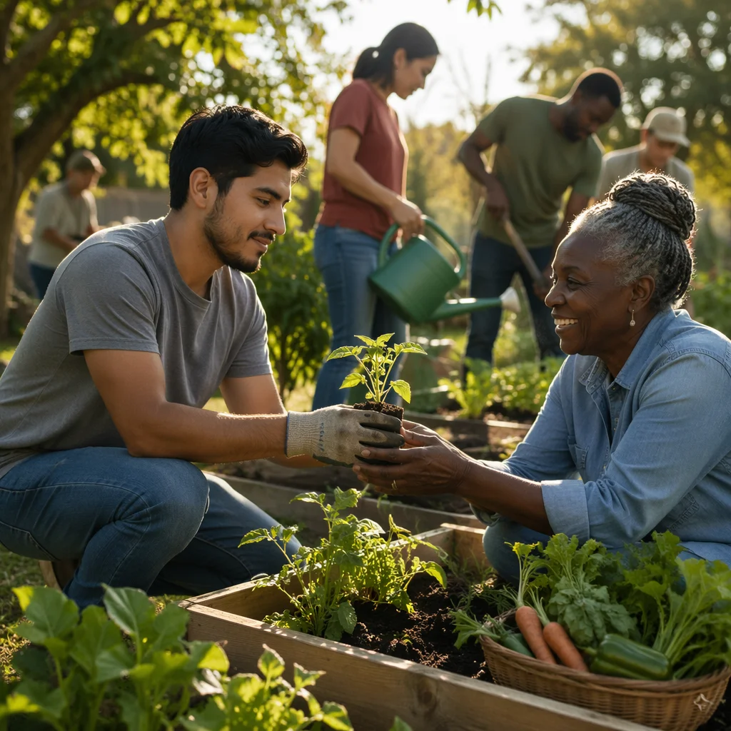 Young Volunteer Sharing Seedling in Community Garden
