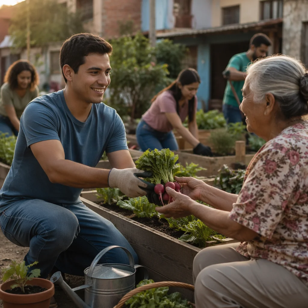 Young Man Sharing Vegetables in Community Garden