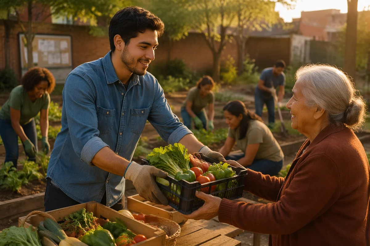 Young Volunteer Sharing Vegetables in Community Garden