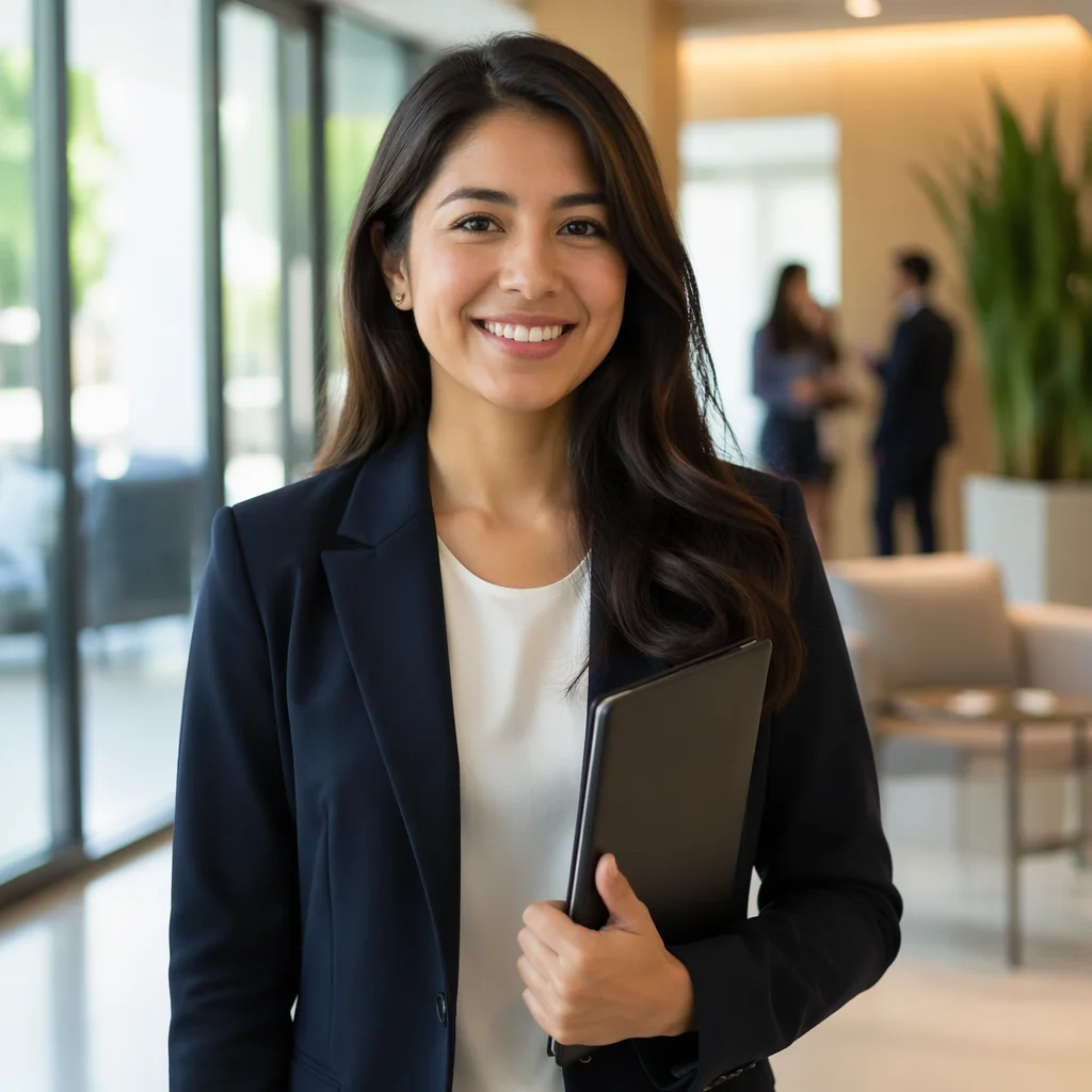 Young Professional Smiling in Modern Office Lobby