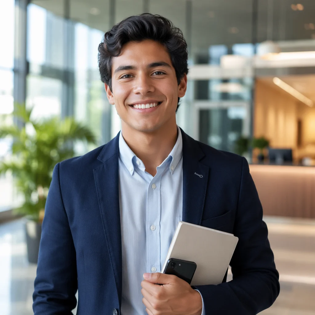 Excited Young Professional in Office Lobby