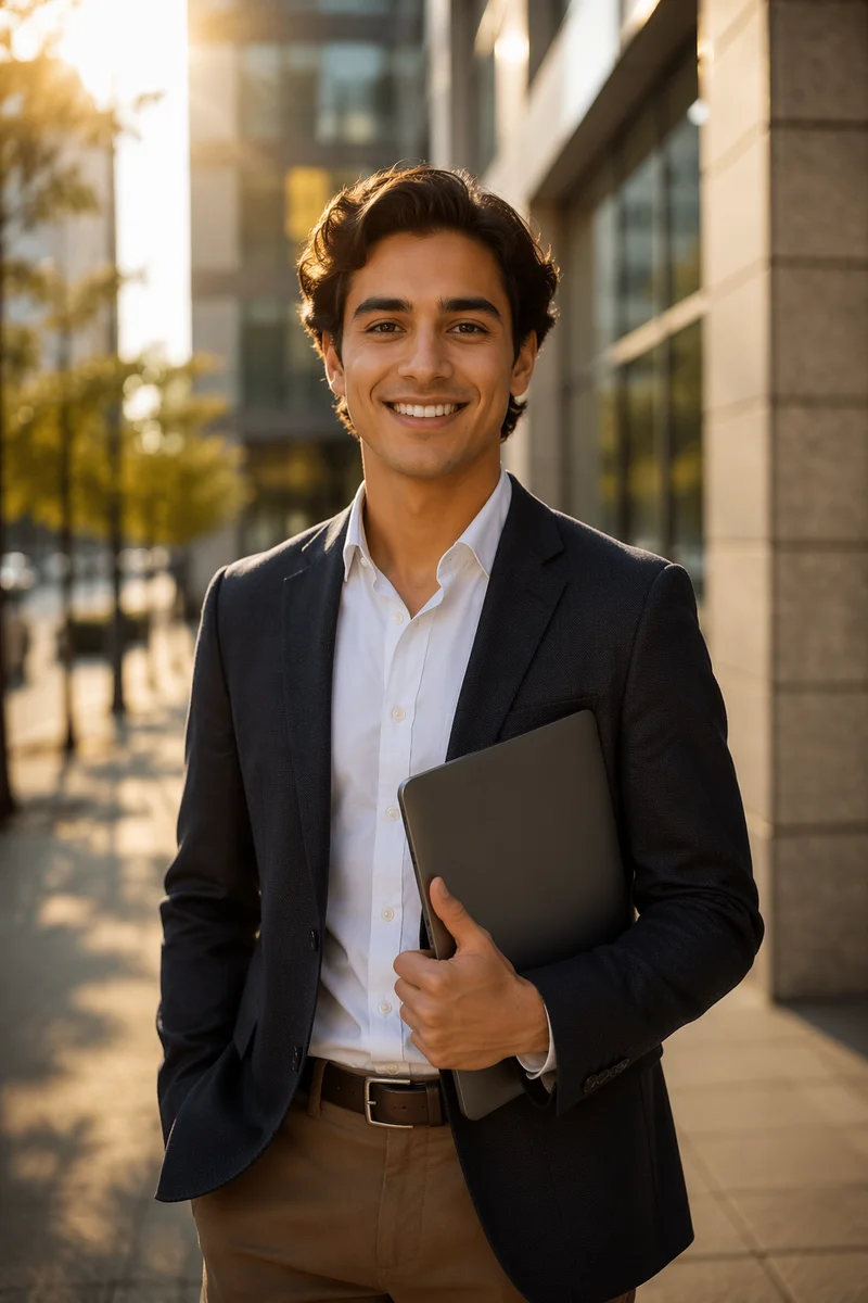 Excited Young Professional Outside Modern Office