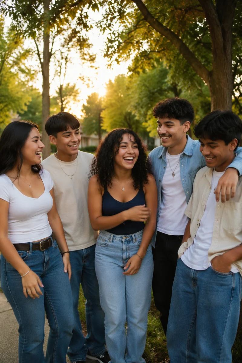 Laughing Hispanic Youth Group in Park