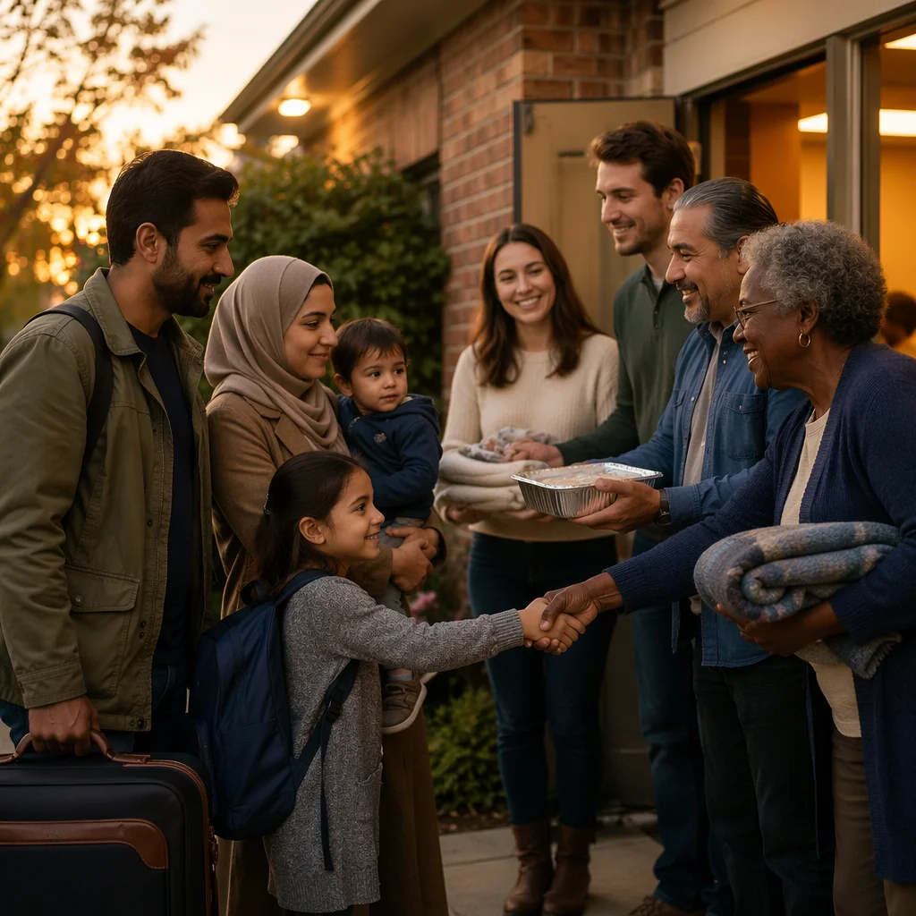Family Welcomed Outside Neighborhood Church Hall
