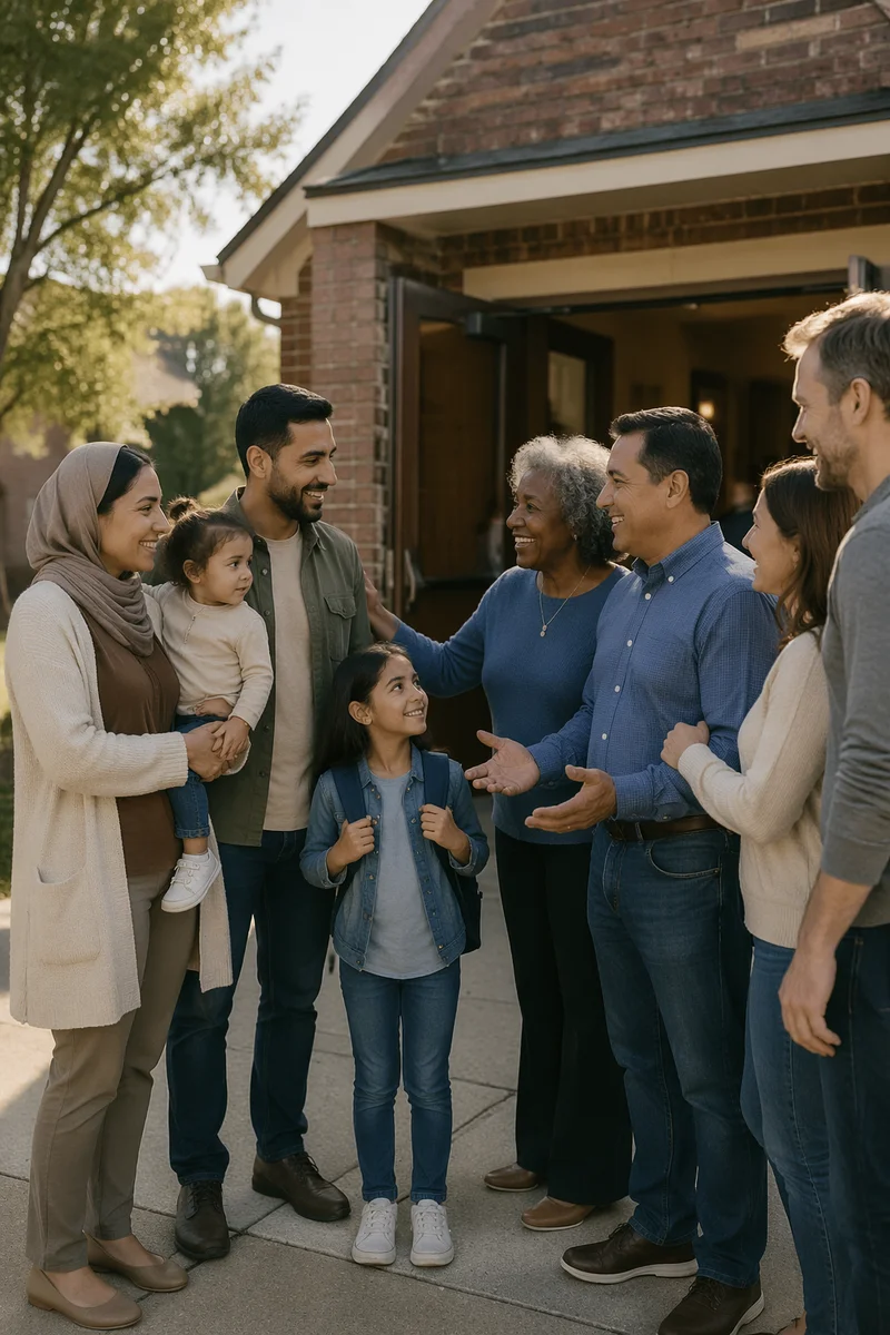 Family Welcomed Outside Brick Neighborhood Church