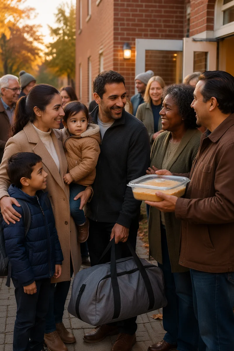 Family Welcomed by Neighbors Outside Church
