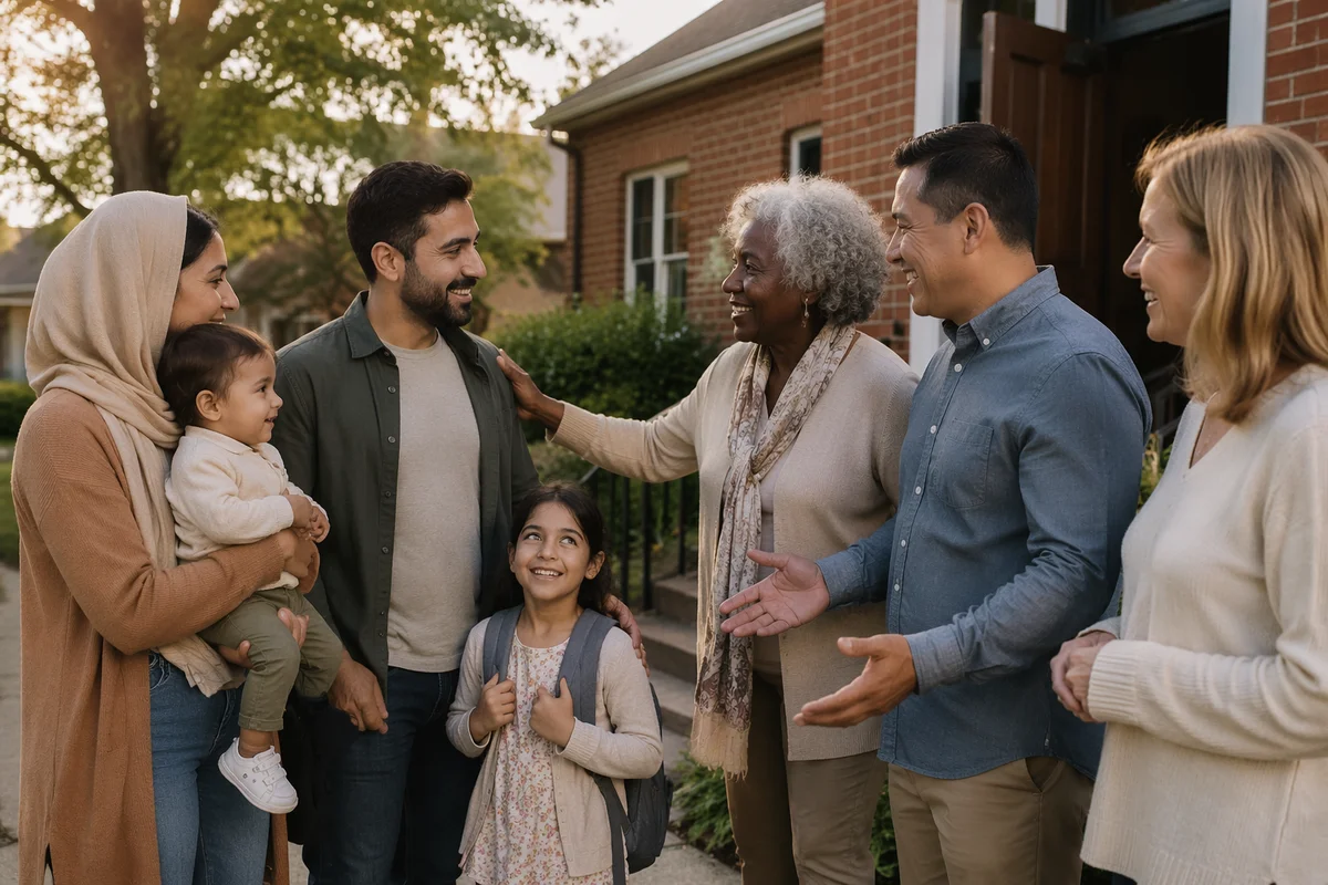 Family Welcomed Outside Brick Neighborhood Church