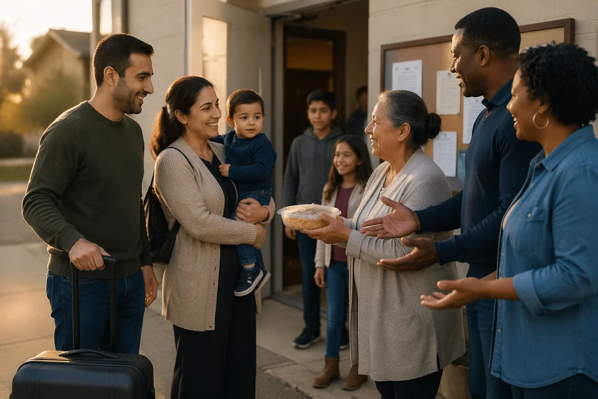 Family Welcomed Outside Neighborhood Church Hall