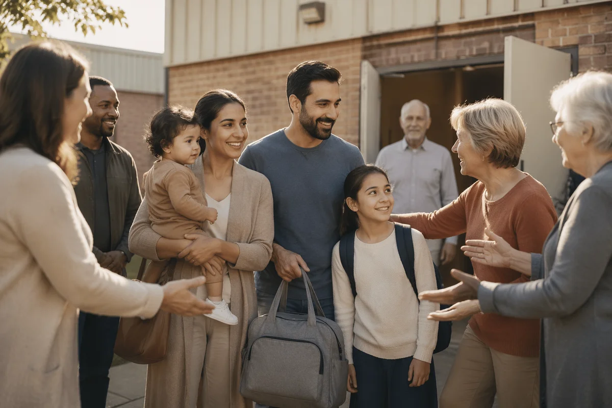 Family Welcomed Outside Neighborhood Church Hall
