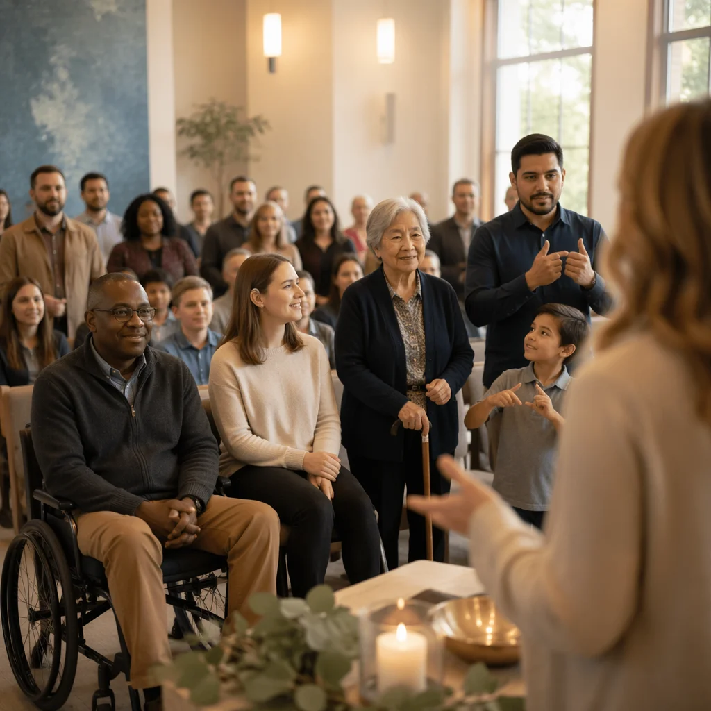 Inclusive Community Gathering in Sunlit Hall