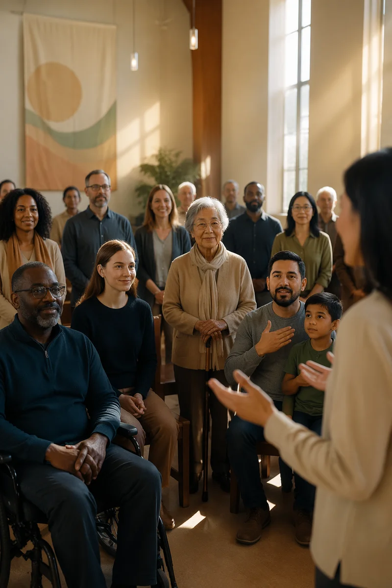 Inclusive Gathering in Sunlit Chapel Hall