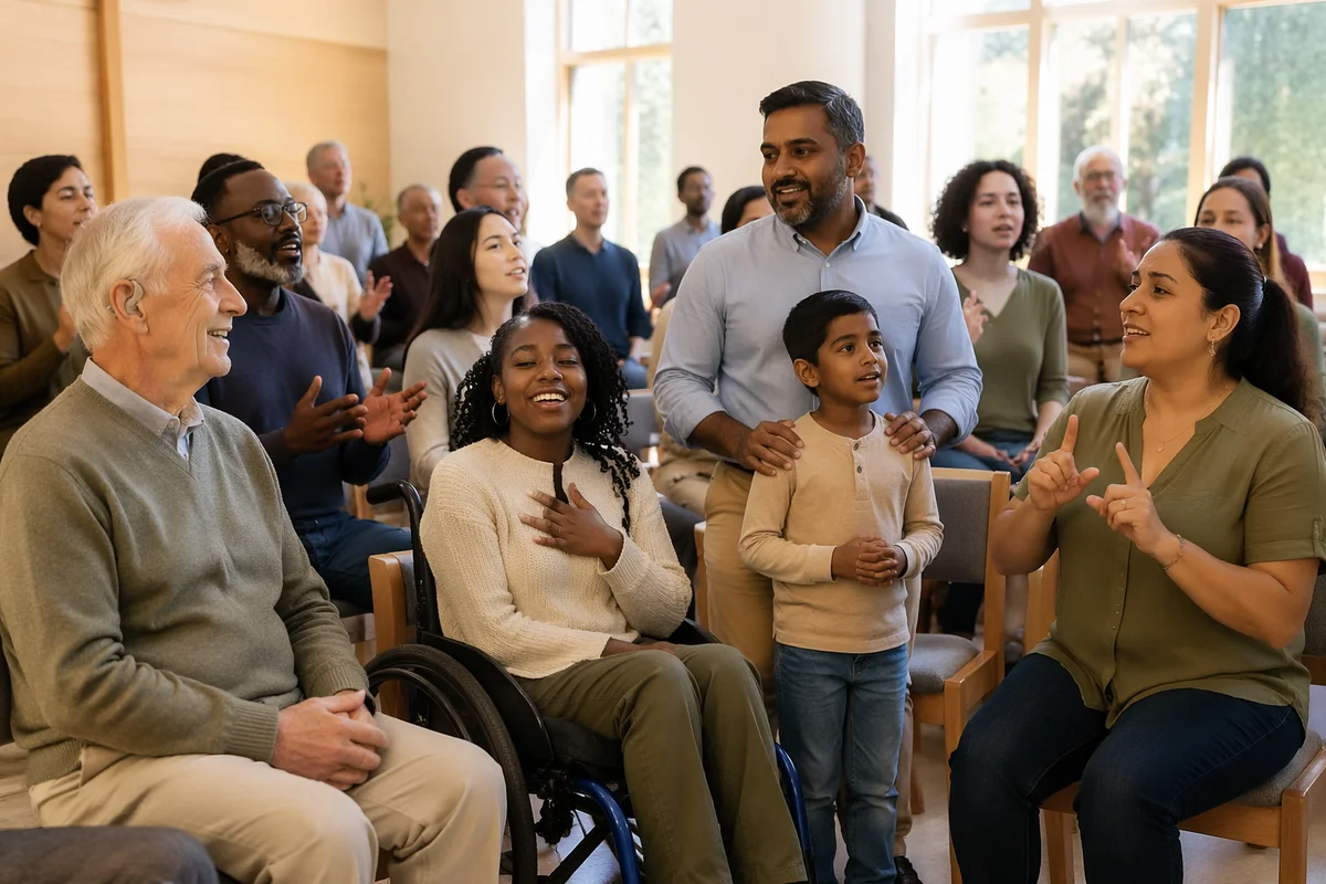Inclusive Congregation Gathering in Sunlit Church Hall