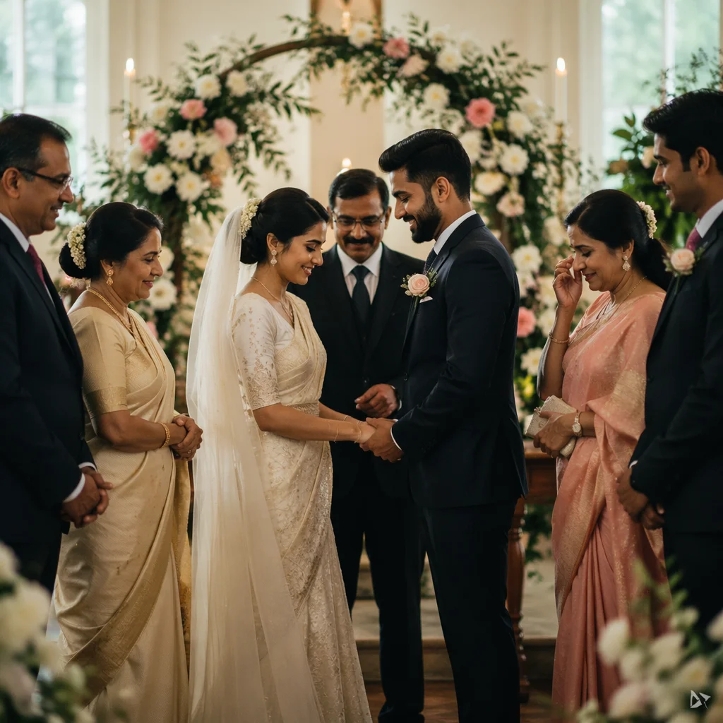 South Asian Wedding Couple in Floral Chapel