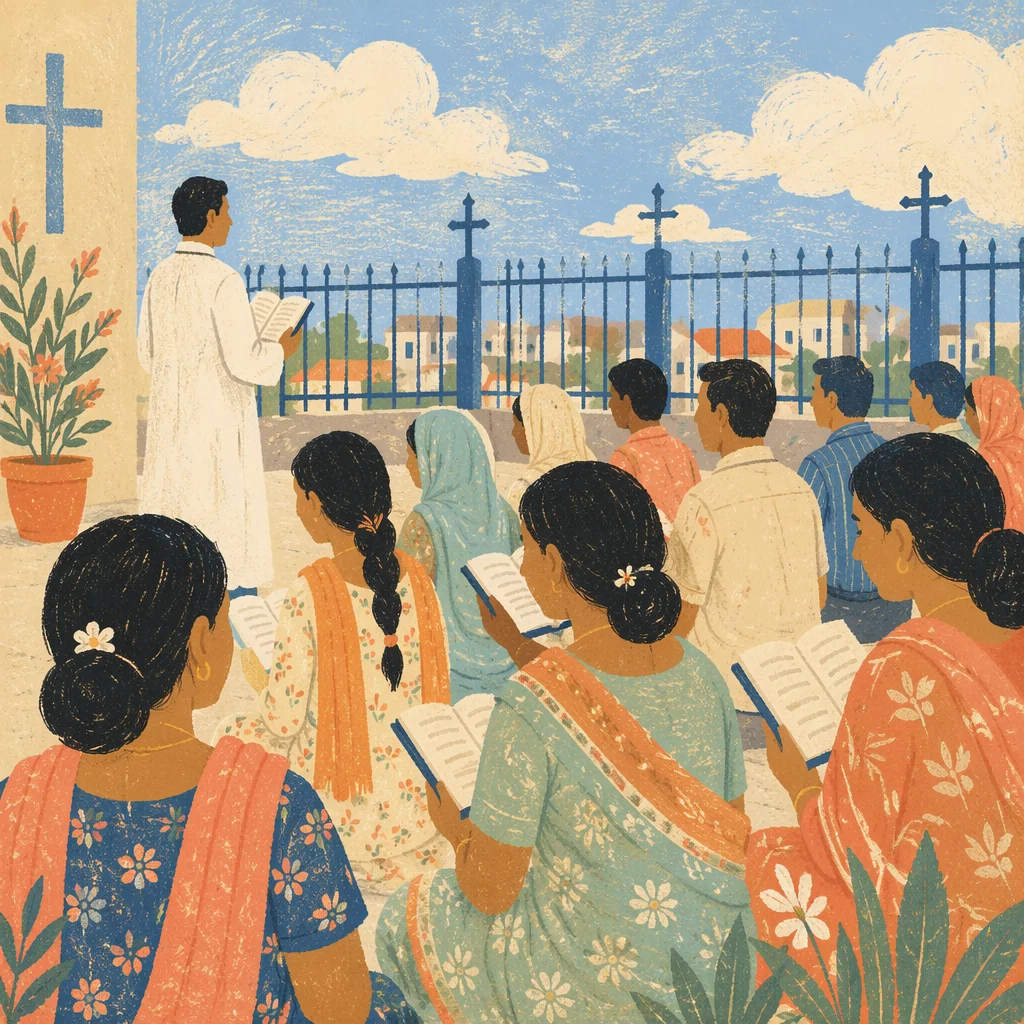 Outdoor South Asian Congregation in Colorful Attire