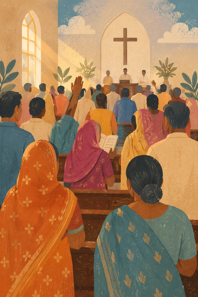 Indian Church Congregation in Colorful Attire