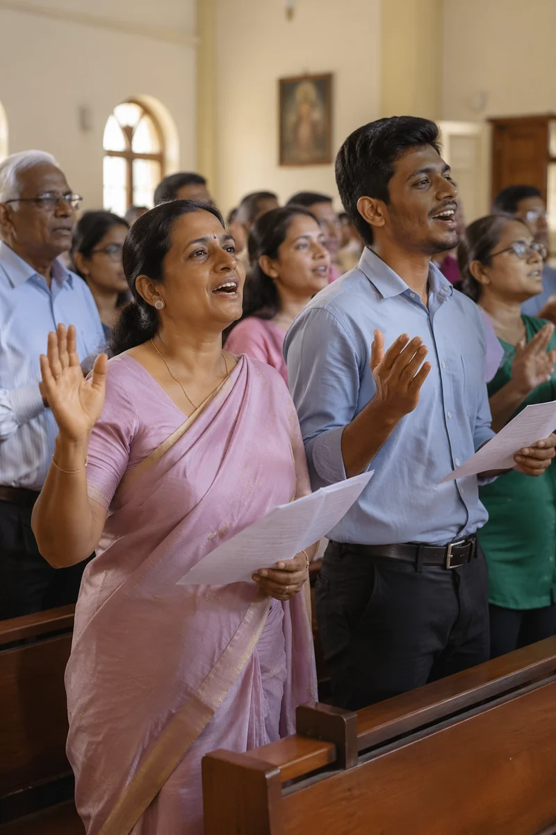 Indian Congregation Singing in Bright Church Hall