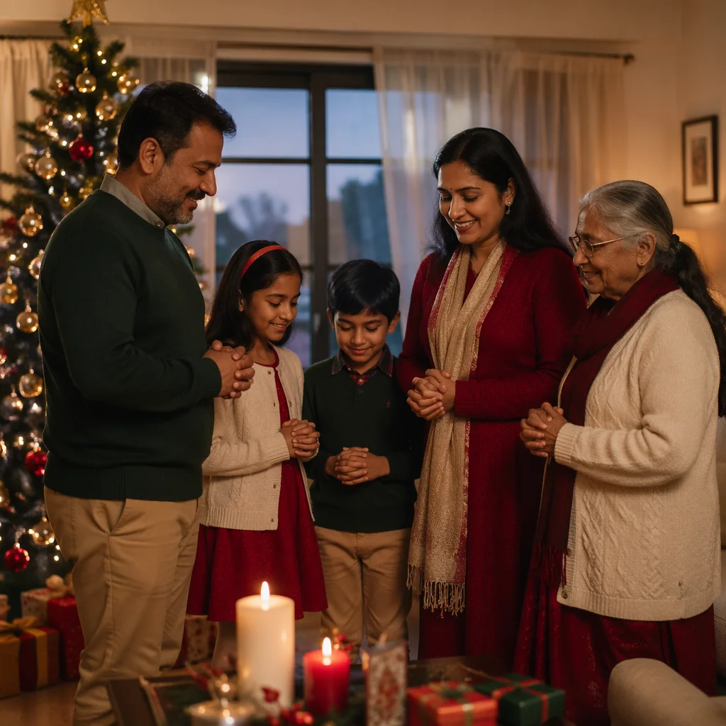 Indian Family Praying by Christmas Tree
