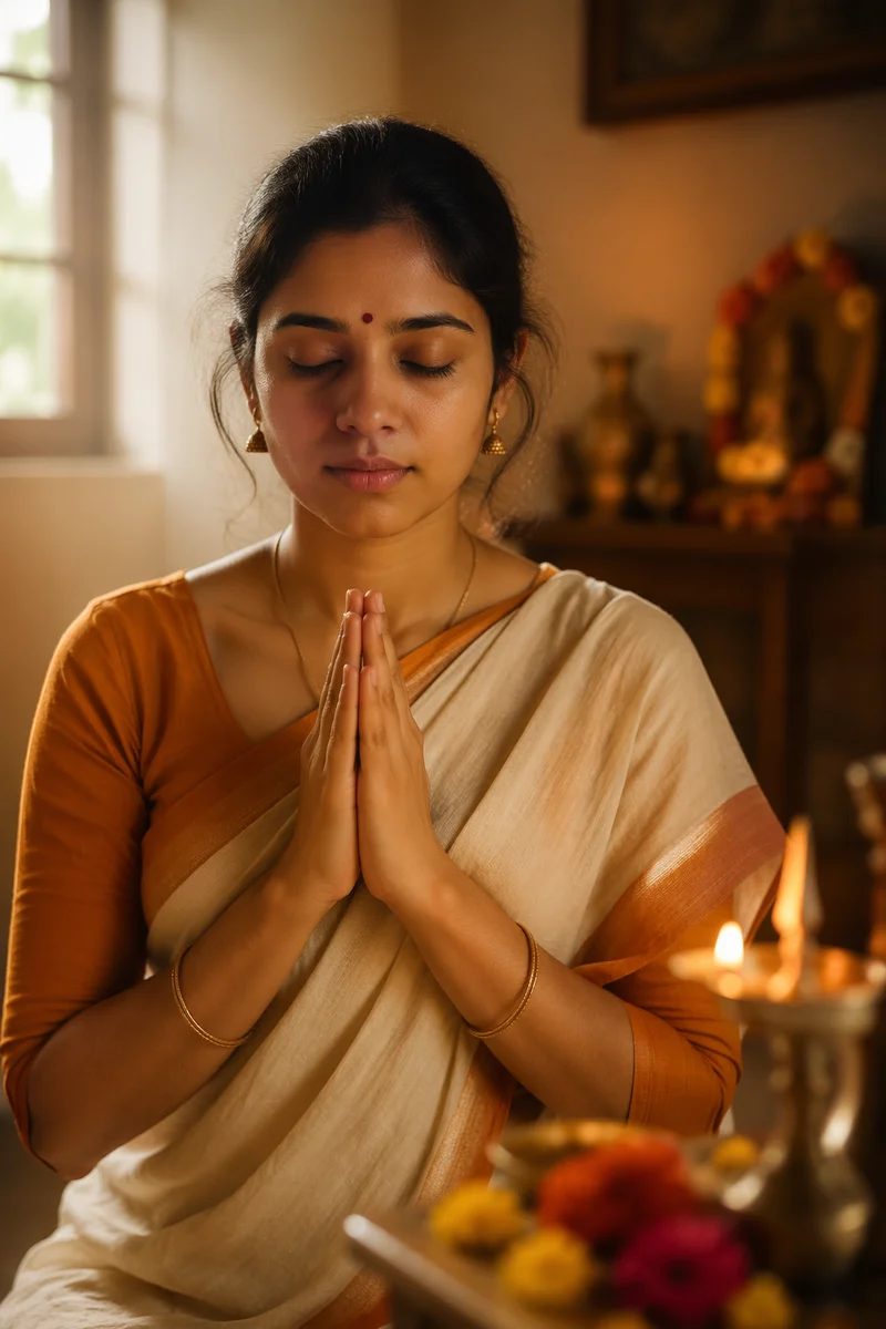 Indian Woman Praying in Warm Light