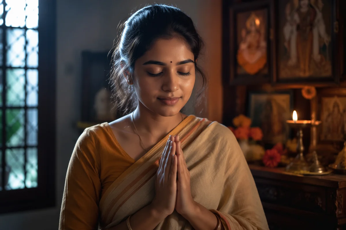 Young Indian Woman Praying at Dawn