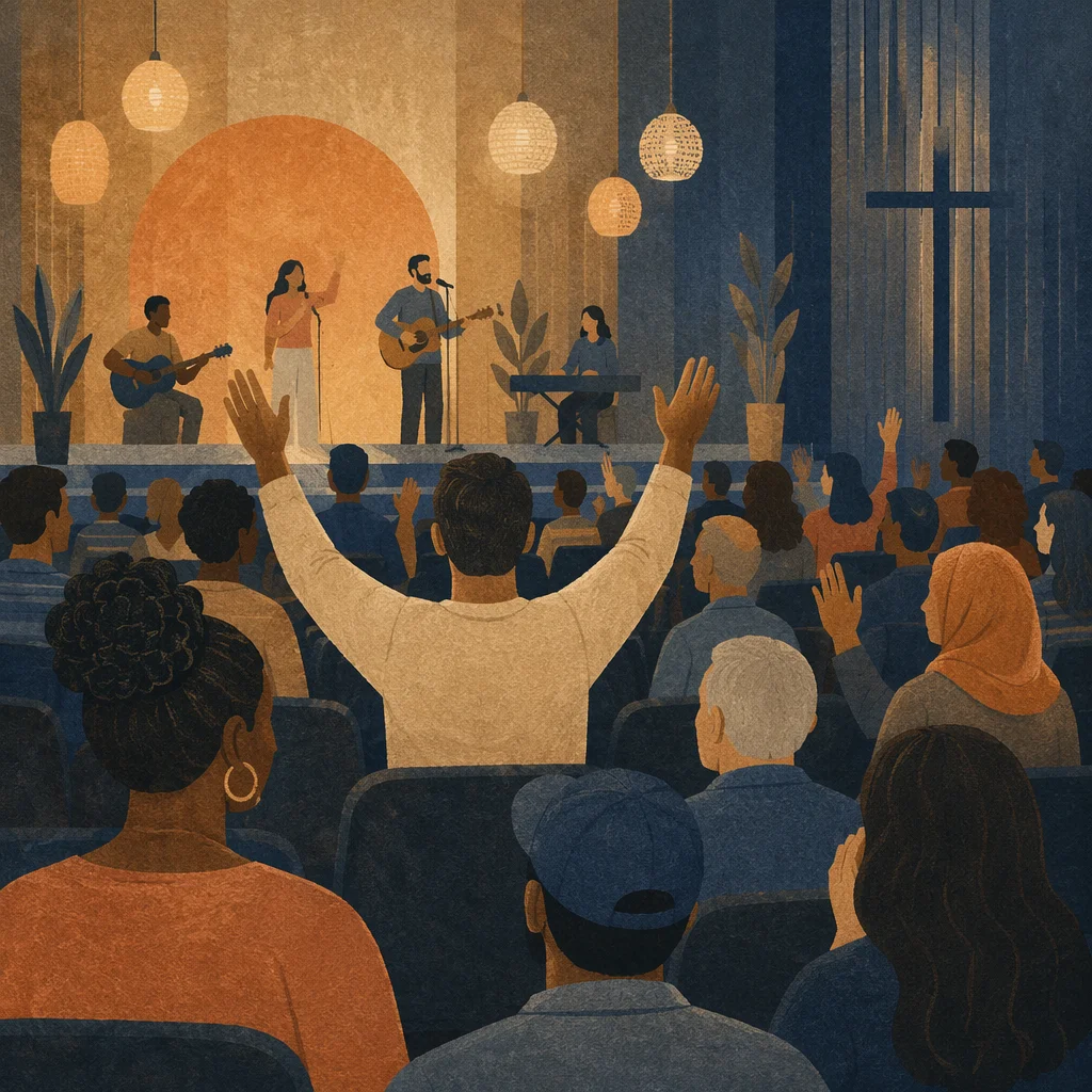 Diverse Congregation Raising Hands in Auditorium
