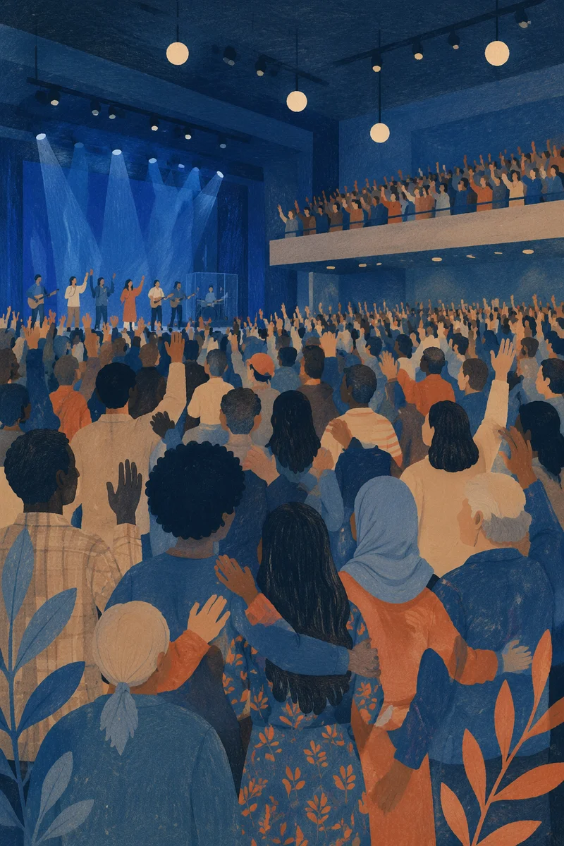 Diverse Crowd in Blue Lit Auditorium