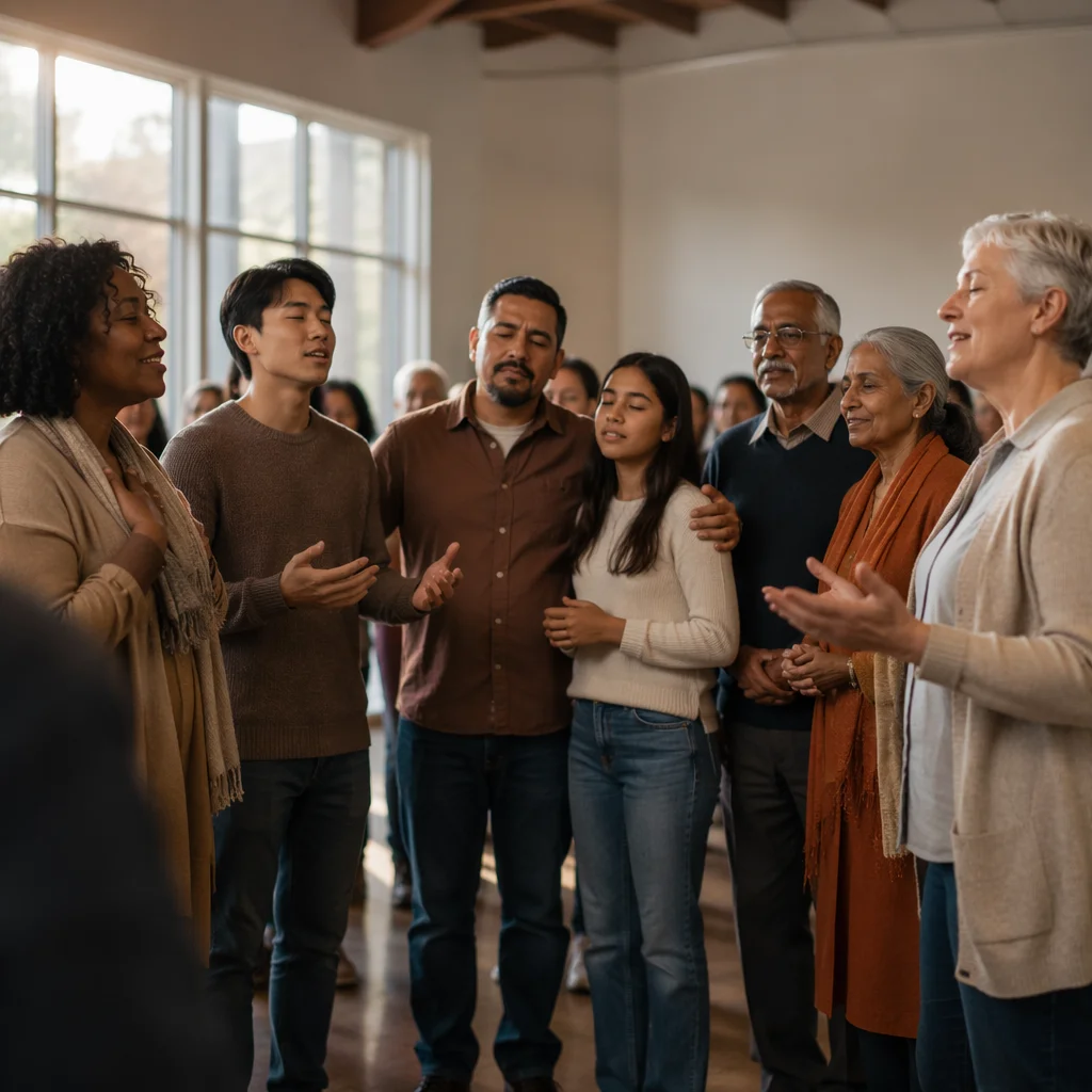 Diverse Congregation Singing in Modern Hall