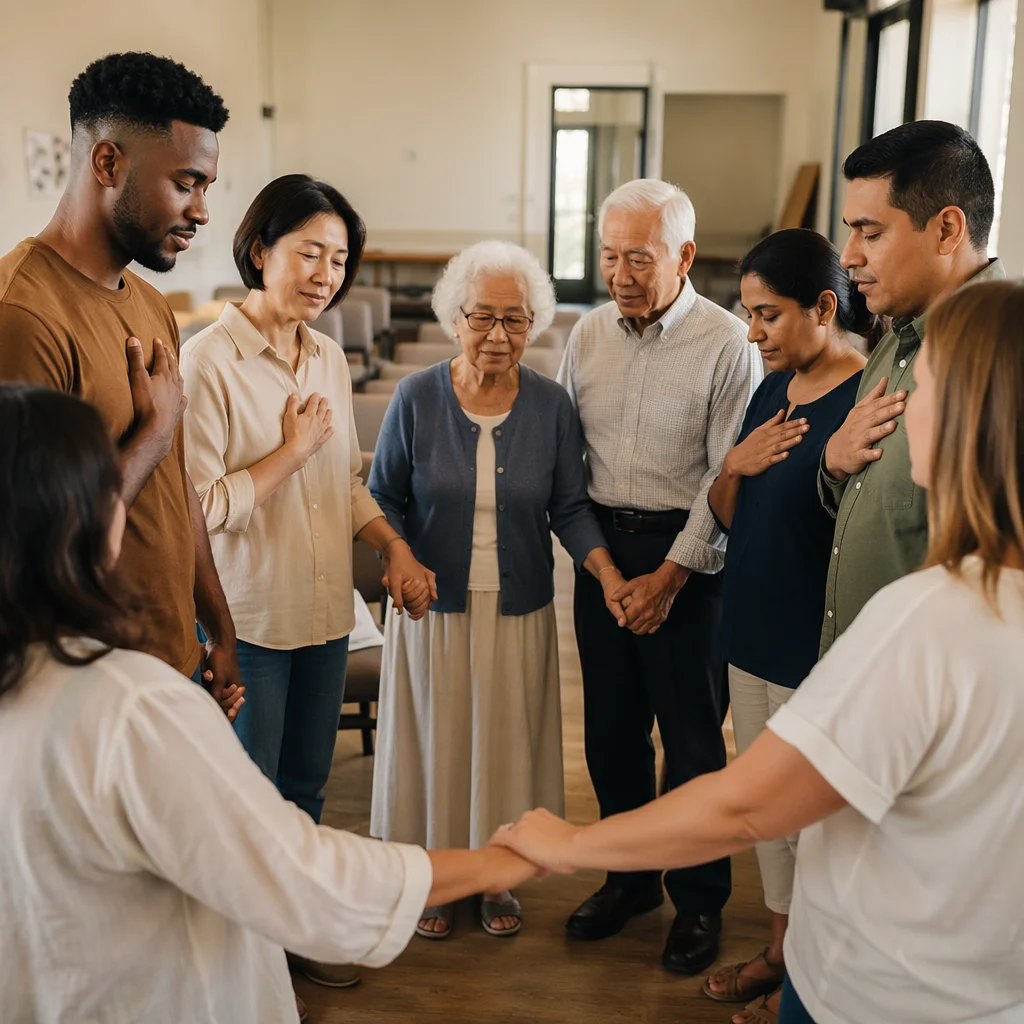 Diverse Adults Standing Together in Community Hall