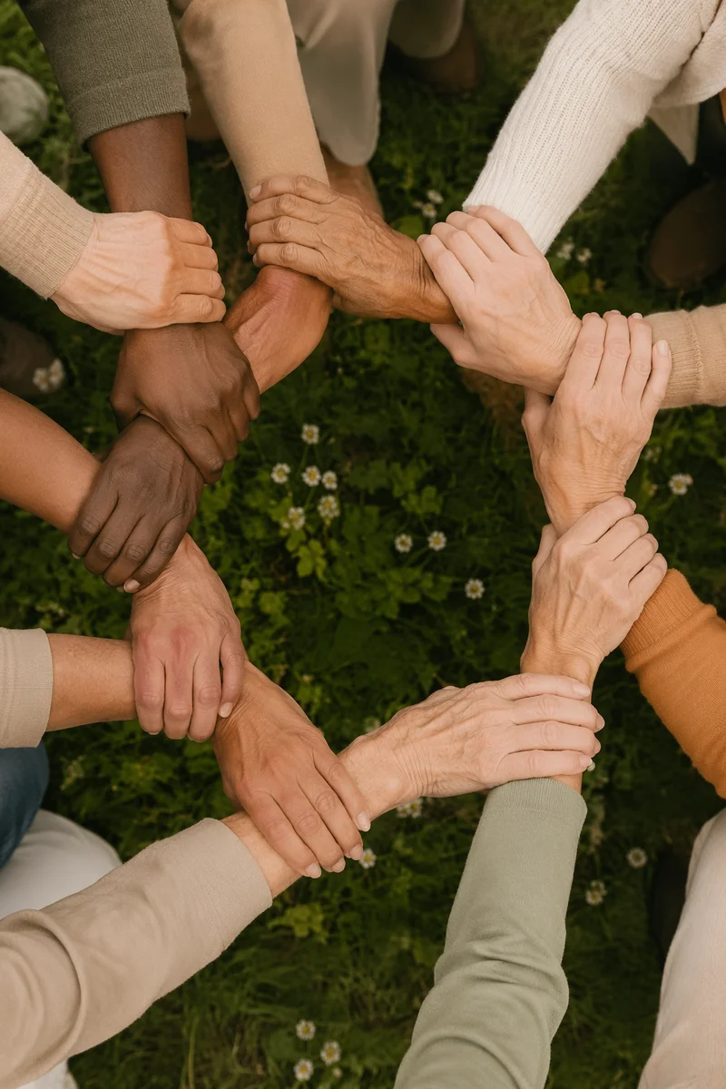 Diverse Hands Forming Circle on Grass