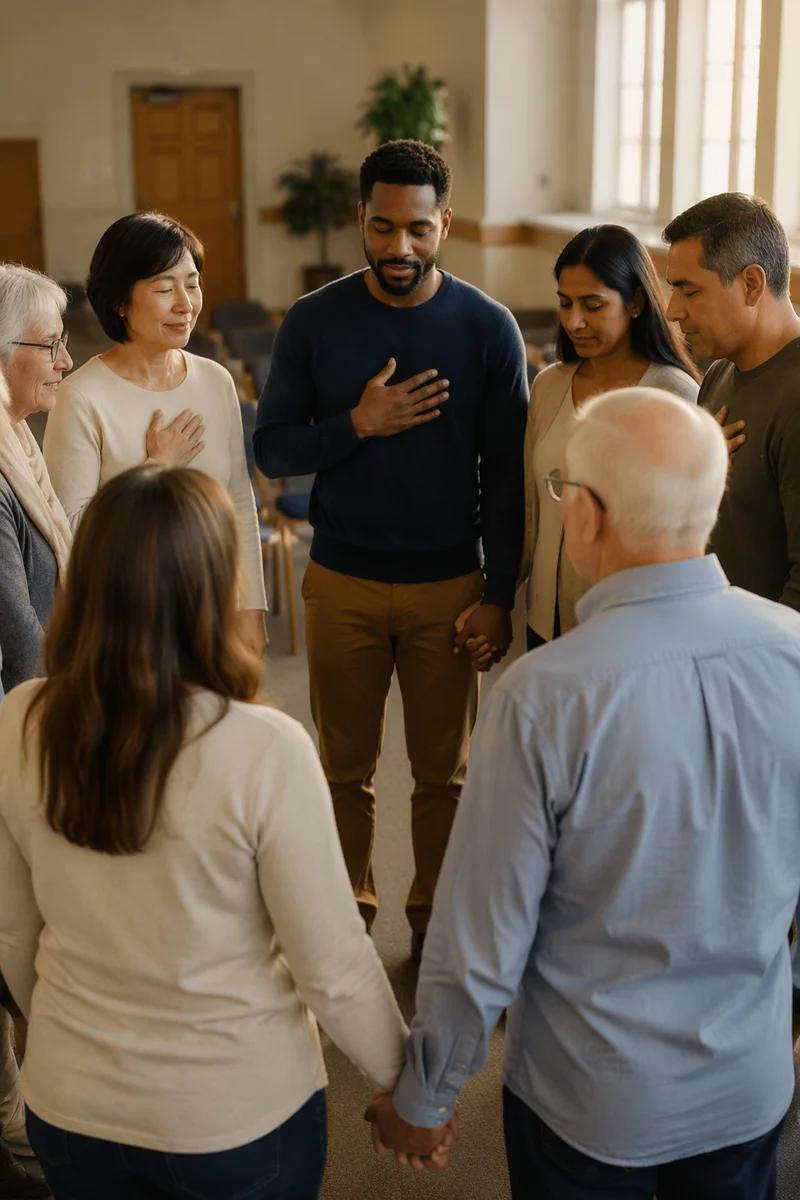 Diverse Adults Standing Together in Community Hall