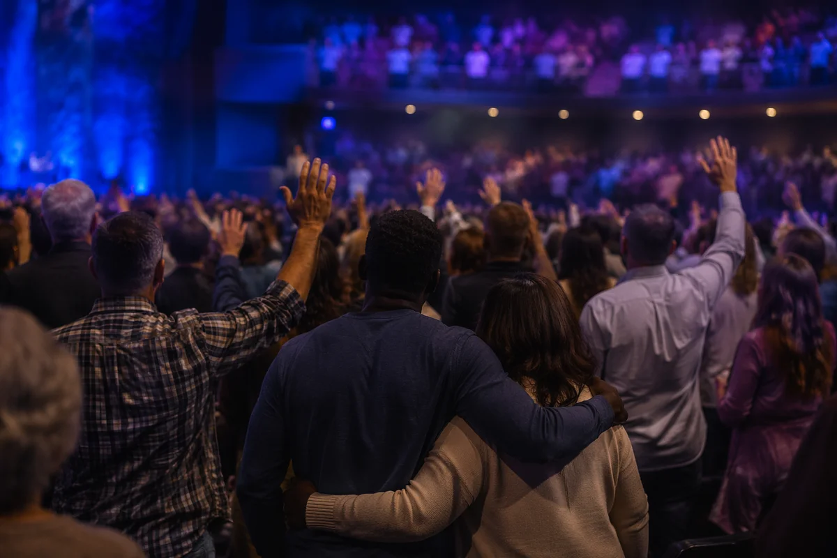 Diverse Congregation in Blue Lit Auditorium
