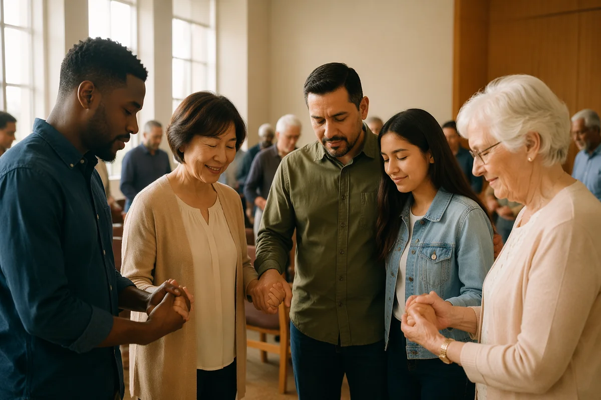 Diverse Adults Gathered in Bright Community Hall