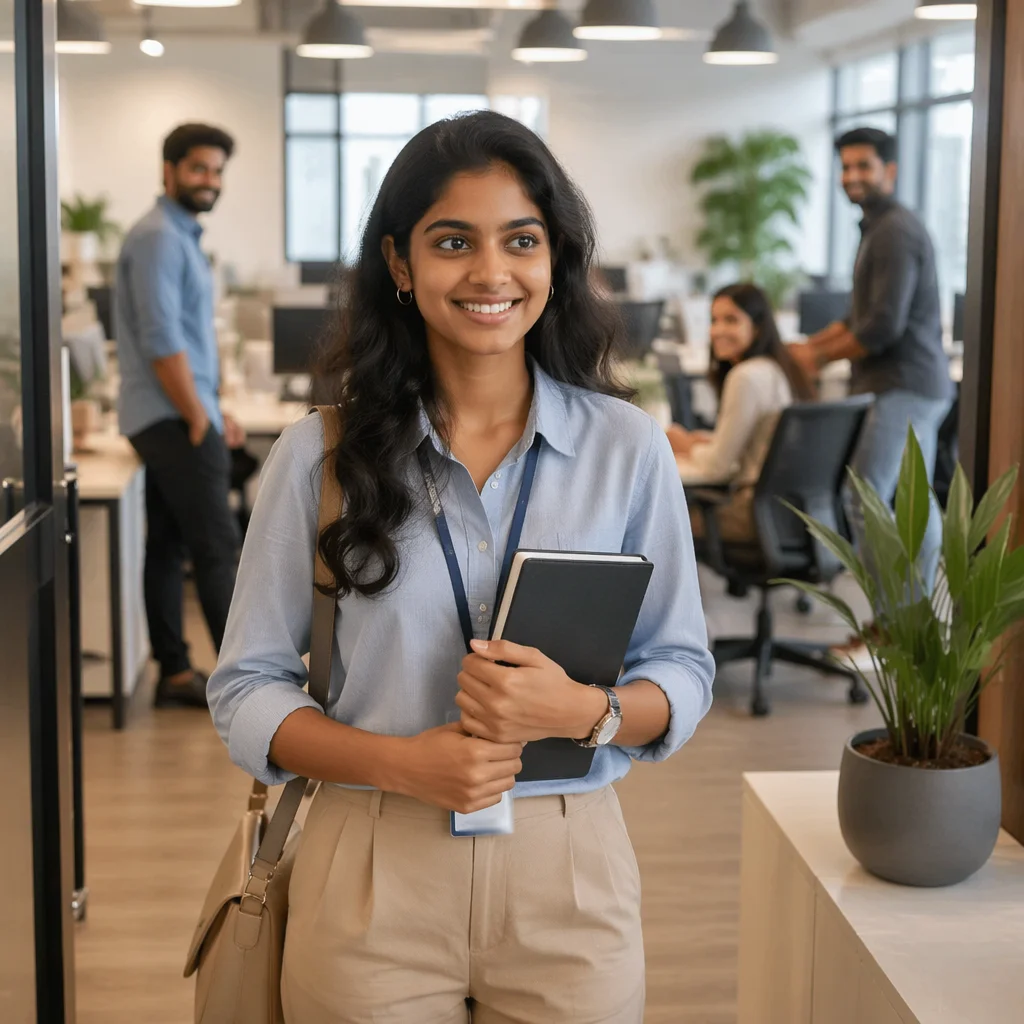 Young Intern Entering Modern Office Workspace